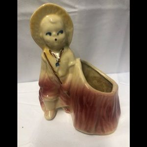 Vintage Shawnee Fishing Stump Boy Planter USA 532